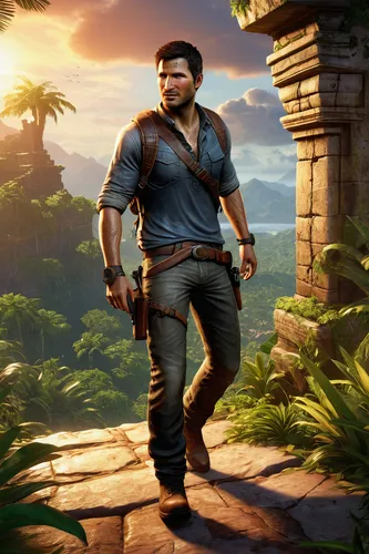 Nathan Drake character, action pose, treasure hunter outfit, leather holster, rugged jeans, climbing gloves, intense expression, ancient ruins, tropical island, lush vegetation, dynamic lighting, suns