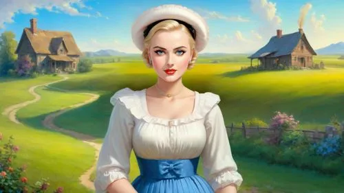 Romantic masterpiece oil painting, beautiful curvy busty woman portrait, silk midwife dress, standing, nostalgic 1950's style kitsch, breathtaking beautiful epic vast American Midwestern landscape, li