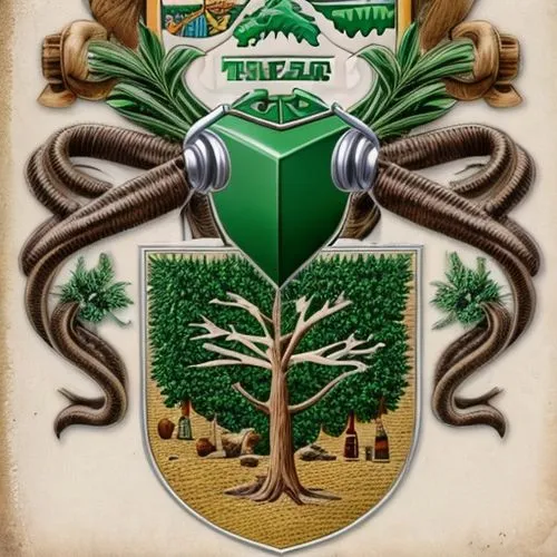 a coat of Arms whit Axe potato plants and tree, tractor,national coat of arms,crest,coat of arms,coat arms,coat of arms of bird,emblem,heraldic,heraldry,heraldic shield,national emblem,coats of arms o