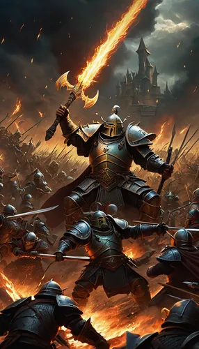 massively multiplayer online role-playing game,crusader,heroic fantasy,paladin,warlord,fire background,destroy,northrend,bronze horseman,fantasy warrior,knight festival,iron mask hero,dane axe,castleguard,fantasy picture,fantasy art,the storm of the invasion,torchlight,knight armor,cg artwork,Conceptual Art,Daily,Daily 34