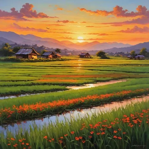 Vibrant oil on canvas, capturing the warm hues of a sunset at the serene rice fields near a quaint village, where rustic wooden houses seemingly blend into the lush greenery. Soft, feathery brushstrok