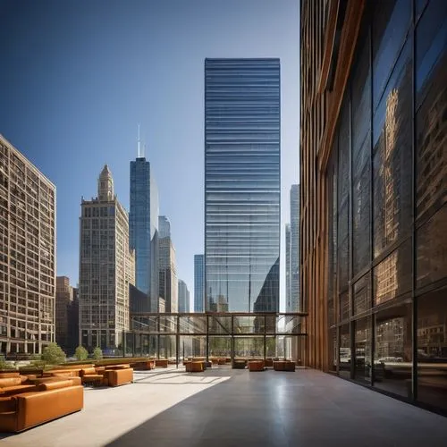 Modern architecture firm, Illinois, Chicago skyscraper background, sleek glass building, steel structure, minimalist design, floor-to-ceiling windows, wooden interior, industrial chic, cityscape view,