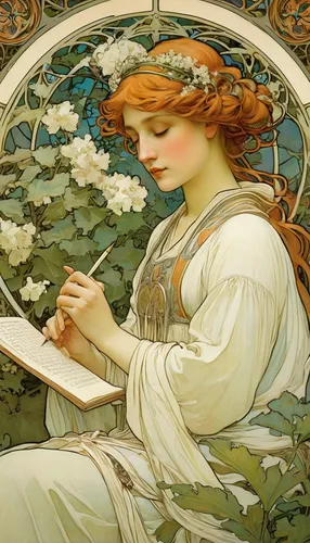 mucha,art nouveau,art nouveau design,art nouveau frame,alfons mucha,flora,kate greenaway,girl in the garden,art nouveau frames,girl picking flowers,throwing leaves,ivy frame,rusalka,artemisia,ivy,girl in a wreath,girl in flowers,narcissus of the poets,tilia,the sleeping rose,Illustration,Retro,Retro 03