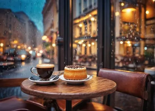 Cozy noght cafe, warm lighting, wooden tables, leather chairs, aromatic coffee beans, steam rising from espresso machines, delicious pastries on display, soft jazz music, intimate atmosphere, city nig