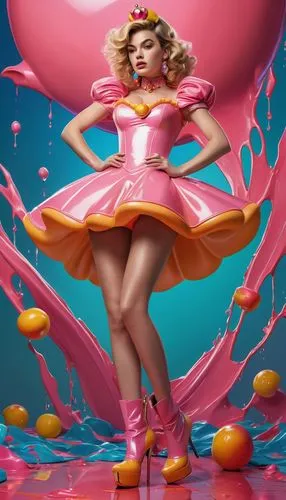 Margo Robbie like the princess peach, latex dress, tight  high heels boots, Hyperrealistic, splash art, concept art, mid shot, intricately detailed, color depth, dramatic, 2/3 face angle, side light, 