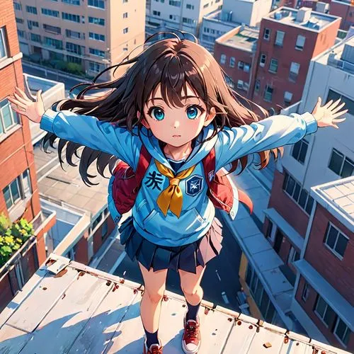 above the city,flying girl,on the roof,up high,nico,flying heart,akko,looking up,looking down,haruhi suzumiya sos brigade,miku maekawa,determination,jumping,above,rooftop,kayano,jump,hanging down,studio ghibli,wonder,Anime,Anime,Realistic