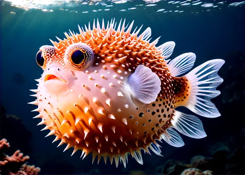 Puffer fish, inflated, white belly, brown back, spiked skin, big round eyes, orange fins, swimming upwards, transparent water, soft sunlight filtering through waves, 3/4 composition, shallow depth of 