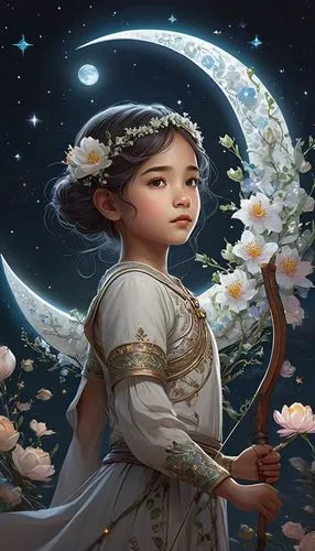 A large, intricate design of a crescent moon filled with blooming flowers and delicate vines, with tiny stars scattered around.CComparing the Earth and the Milky Way,
,diwata,zhiyuan,fantasy portrait,