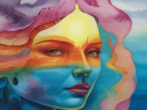 the painting shows a large woman's face with two flowers on her head,psychedelics,psychedelia,lucidity,welin,entheogens,psychedelically,Illustration,Realistic Fantasy,Realistic Fantasy 25