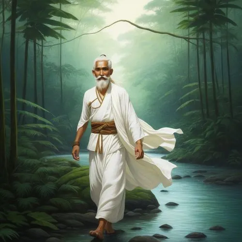 An ancient Indonesian Brahmin wearing a white cloth, his white hair in a bun, his moustache and beard are white, walking on the edge of a river in a tropical forest,a man walks through a forest holdin