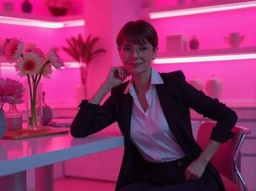 Vibrant fuchsia color scheme, futuristic laboratory setting, modern minimalist desk, sleek metal chair, creative director, 30s, stylish short hair, bold eyebrows, trendy glasses, crisp white shirt, fi