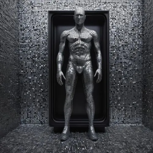 A TV BACKDROP PANEL, HYPER REALISTIC,3d man,human body,carbonite,humanoid,biomechanical,the human body,cryonics,primitive man,cryonic,transhuman,human body anatomy,transhumanism,cryopreserved,metallic