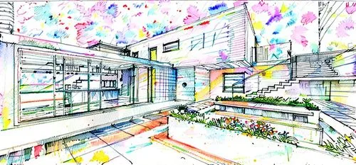 수채화 물감을 사용해서 부드럽고 따듯하게 스케치해줘,school design,archidaily,japanese architecture,house drawing,garden design sydney,3d rendering,architect plan,urban design,core renovation,colourful pencils,interior moder