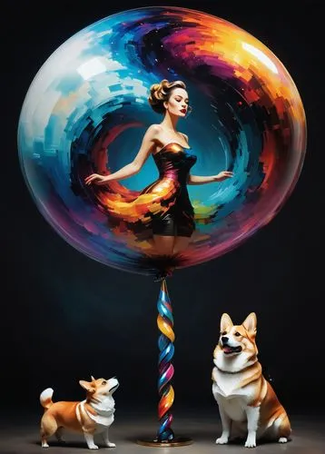 prism ball,disc dog,glass sphere,inflates soap bubbles,crystal ball-photography,colorful balloons,glass ball,animal balloons,color dogs,spirit ball,ball (rhythmic gymnastics),dogecoin,crystal ball,juggling,giant soap bubble,little girl with balloons,corgis,rainbow color balloons,lensball,bath ball,Conceptual Art,Oil color,Oil Color 11