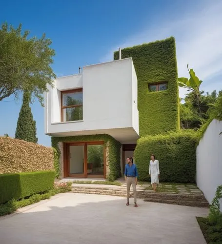 As you walk down the serene garden, you hear the soft hum of blooming flowers overhead, and they chime with an otherworldly energy. The exterior of the house is minimalist, complete with a wooden entr