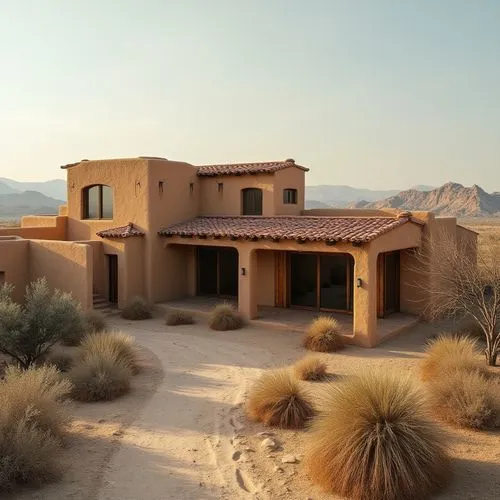 Southwestern US, desert landscape, adobe-style building, curved lines, earthy tones, natural materials, stucco walls, wooden beams, terra cotta roof tiles, large windows, sliding glass doors, minimal 