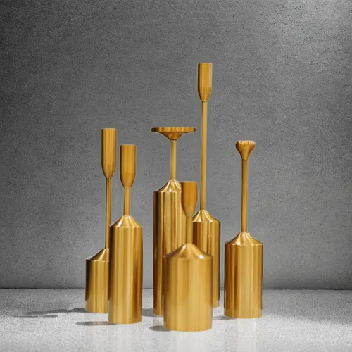 copper utensils,candlestick for three candles,golden candlestick,candlesticks,table lamps,utensils,gold foil shapes,knife block,hamburger set,lampions,menorah,kitchen utensils,vases,incense with stand