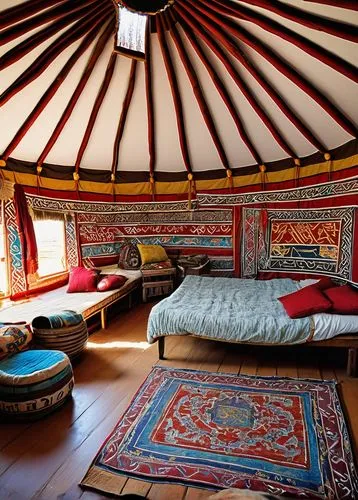 Traditional Mongolian yurt, Ger, colorful patterns, intricate carvings, Buddhist symbols, prayer flags, nomadic culture, vast steppes, blue sky, few white clouds, warm sunlight, gentle breeze, traditi