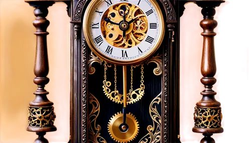 Pendulum clock, antique, intricately carved wood, golden gears, swinging weight, slow motion, close-up, shallow depth of field, warm lighting, soft focus, vintage tone, nostalgic atmosphere, ornate de