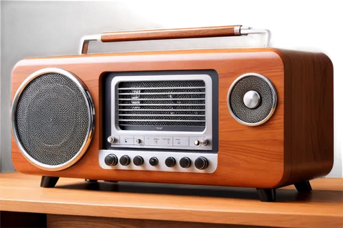 Retro radio, vintage style, wooden cabinet, rounded edges, silver knobs, buttons, speakers, mesh grille, leather handle, antique finish, detailed textures, warm lighting, shallow depth of field, 3/4 c