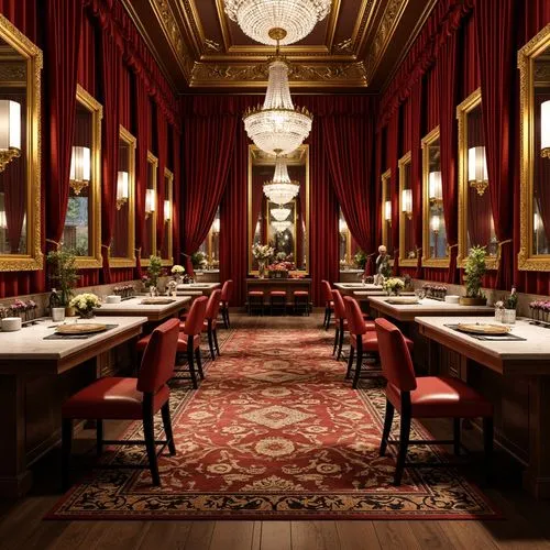 Rich velvet drapes, ornate gold frames, luxurious crystal chandeliers, intricate wooden carvings, lavish marble countertops, opulent bronze fixtures, regal red leather upholstery, sumptuous patterned 