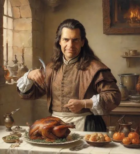 A long-haired Renaissance court chef proudly holds a medieval dish of roast pheasant with feathers. The cook is dressed in Renaissance clothing with rolled up sleeves. In the background is a medieval 