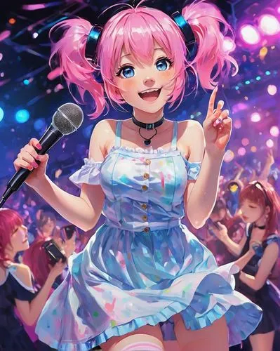 Nikido AV idol, cute Japanese girl, 17yo, twin tails, pink hair clips, blue eyes, sparkling eyelashes, sweet smile, pastel pink off-shoulder dress, white knee-high socks, black Mary Jane shoes, microp