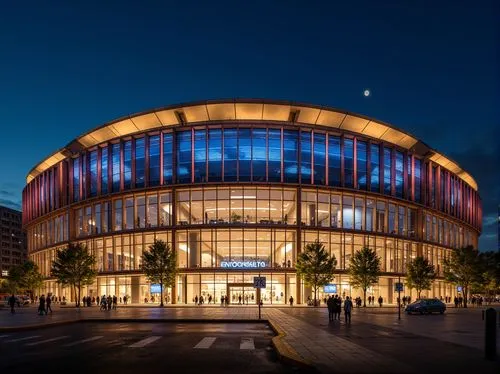 Massive football stadium, dynamic curved lines, sleek modern architecture, bold cantilevered roofs, vibrant team colors, intricate metal latticework, transparent glass facades, imposing stone walls, g