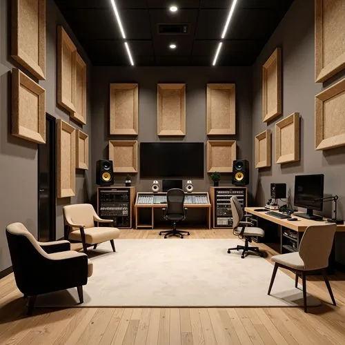 Modern recording studio, soundproofing materials, acoustic panels, wooden diffusers, fabric-wrapped absorbers, professional audio equipment, mixing consoles, microphones, headphones, ergonomic seating