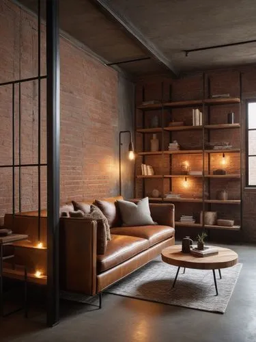 Create a series of hyper-realistic images showcasing an industrial-style interior design. The scene should prominently feature raw materials such as steel, iron, concrete, untreated wood, and exposed 