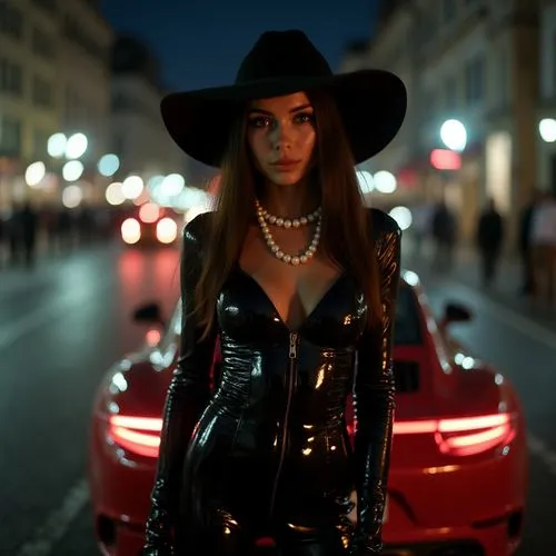 girl and car,photo session at night,parisienne,leather hat,mercedes,femme fatale