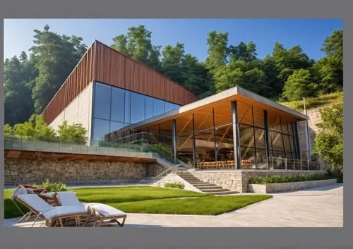 DISEÑO EXTERIOR DE UN RESTAURANT PARA UNA NAVE INDUSTRIAL, TERRAZAS CON MUROS DE PIEDRA, PERSONAS,CESPED, VENTANALES DE CRISTAL AMPLIOS, VISTAS PANORAMICAS, VEGETACION EXUBERANTE,an architectural rend