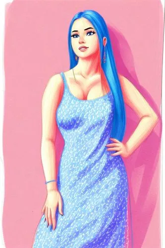 cartoon color,an animated woman poses in a blue dress,vasundhara,blue background,shadman,amphitrite,muumuu,retro woman,Design Sketch,Design Sketch,Character Sketch