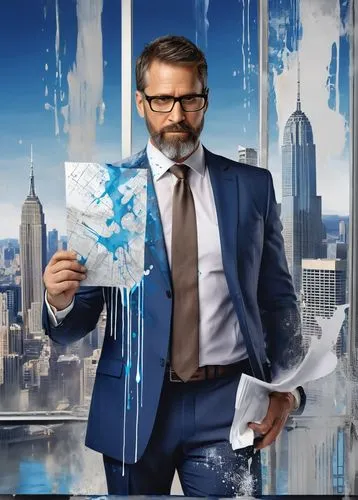 male, mature man, (40yo), short brown hair, glasses, beard, white shirt, blue tie, dark suit, holding blueprint, standing, indoor office, modern skyscraper, cityscape, panoramic view, 3/4 composition,