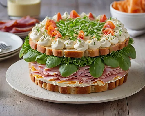 Create a recipe for a savory sandwich cake with layers of ham, turkey, and cheese topped with a creamy mayo dressing.,sandwich cake,ham salad,sandwich-cake,tuna salad,open sandwich,torta caprese,olivi