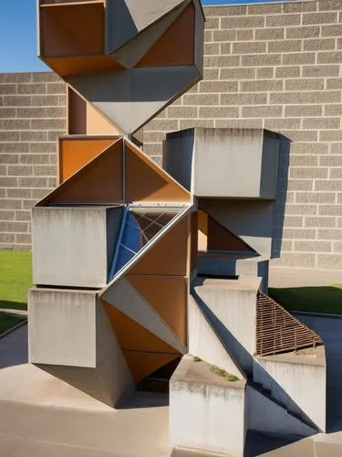 gender building rehabilitation,a tall metal sculpture in front of a building,hejduk,steel sculpture,corten steel,sculpture park,corbu,decordova,Photography,General,Realistic