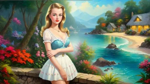 Romantic masterpiece oil painting, cute girl portrait, nostalgic 1950's style kitsch, vibrant seaside cottage landscape, lush tropical paradise, summer beach scenery, by Thomas Kinkade, by Bob Ross,gi