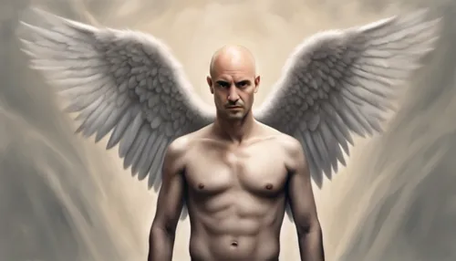 a man with white wings has an image of a bald head,samael,draiman,the archangel,archangel,deucalion,angelman