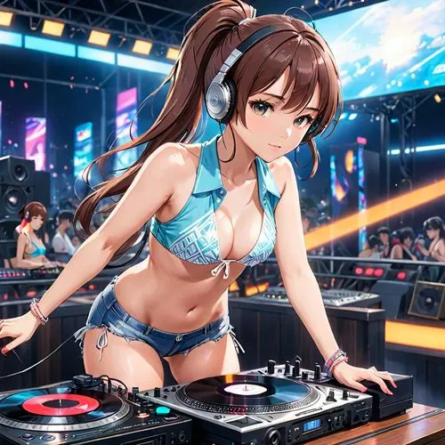 8k, uhd, handsome and stylish female DJ with ponytail, wearing headphones, wearing bikini and hot pants, cool technology, working turntable as DJ, cinematic art photo, authentic masterpiece, best qual