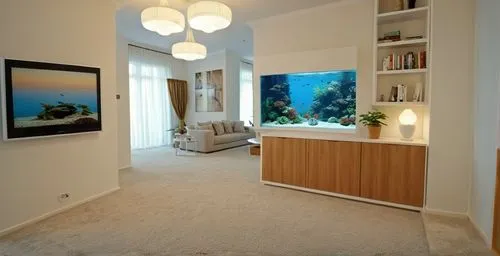 classic style sitting room with wall to wall carpet, wall cabinet with see through fish tank and shelves on the side looking into informal living area with sofa and side table ,modern room,hallway spa