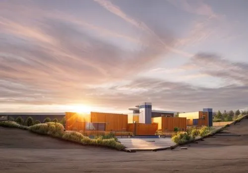 modular school architecture with oit trees in rural site setting sunset light
,solar cell base,kettunen center,school design,shipping containers,modern architecture,biotechnology research institute,pr