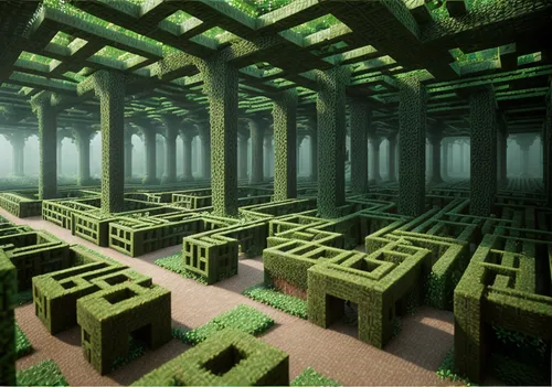 maze,fractal environment,dungeon,cubes,hollow blocks,ancient city,mausoleum ruins,catacombs,hall of the fallen,3d render,wooden cubes,tileable,labyrinth,industrial ruin,mining facility,render,cistern,