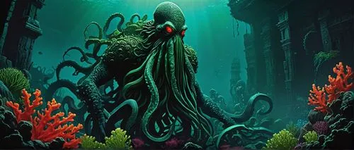 cthulhu,kraken,under sea,deep sea,lovecraftian,deepsea,undersea,lovecraft,underwater background,god of the sea,under the sea,narcosis,the bottom of the sea,tentacles,coral guardian,octopus vector graphic,cephalopod,hydra,tentacular,kermadec,Illustration,American Style,American Style 09