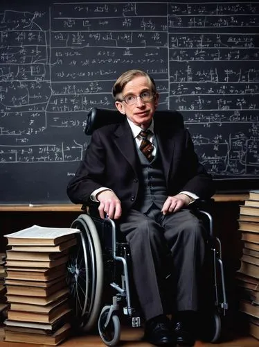 Professor Hawking, wheelchair, majestic beard, glasses, intellectual facial expression, brown suit, white shirt, black tie, Oxford University background, wooden desk, piles of books, chalkboard with c