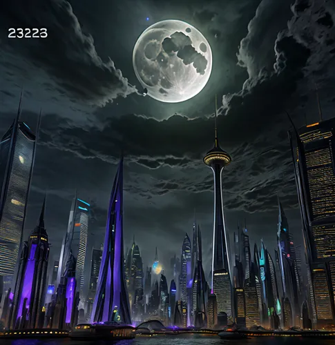 world digital painting,futuristic landscape,black city,cartoon video game background,moon phase,lunar landscape,digital compositing,city at night,moonlit night,3d background,fantasy city,city scape,sc