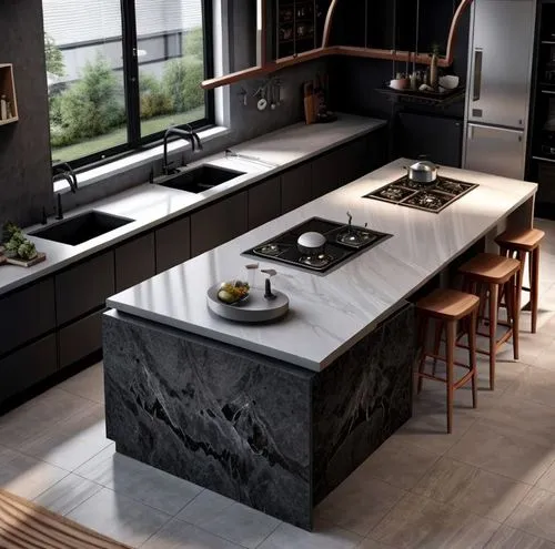 isometric view, modern Island for kitchen, white stone and matt black material, top vie,   The countertop should be a striking contrast, made of white stone, under the isoland is empty, white isoland 