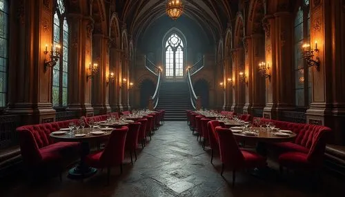 Gothic style restaurant, grand hall, high ceiling, intricate stone carvings, stained glass windows, dark wooden tables, red velvet chairs, corrugated metal walls, metallic sheen, ornate chandeliers, d