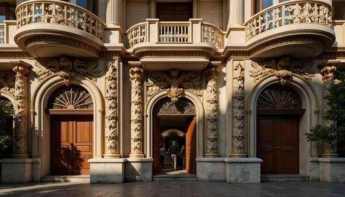 Ornate Baroque building, grandiose fa\u00e7ade, intricate stone carvings, ornamental balustrades, sweeping arches, dramatic volutes, gilded decorations, lavish ornamentation, richly textured stonework