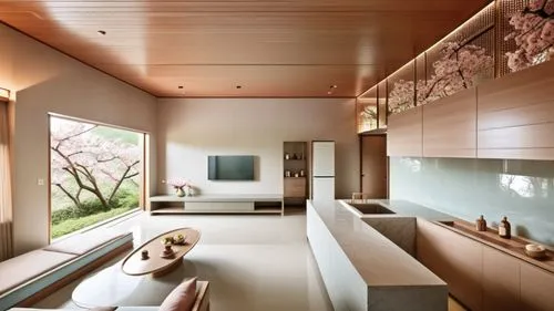 This photo showcases the living room and kitchenette of a suite in a hotel located in Puli, Taiwan, with a design that incorporates elements of spring cherry blossoms. The suite features modern furnit