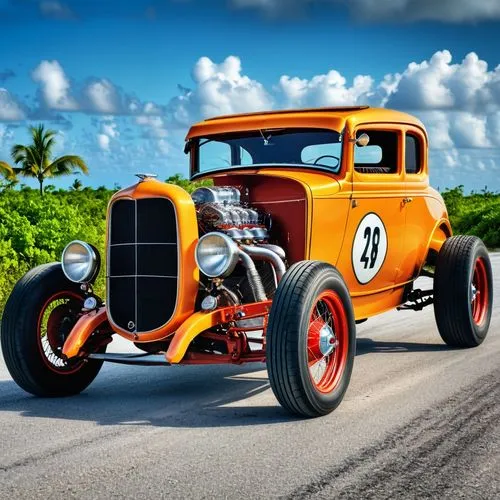 A hot rod from the 1930s prepared for difficult terrain and asphalted racing on the islands of the Bahamas with powerful V-8 engines and flashy paintwork.,an orange and black car driving down the road